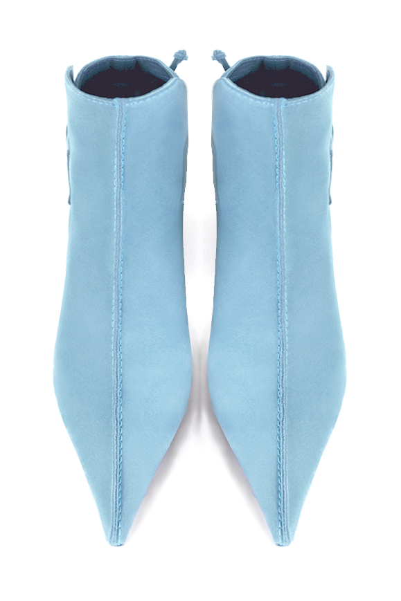 Sky blue women's ankle boots with laces at the back. Pointed toe. High spool heels. Top view - Florence KOOIJMAN